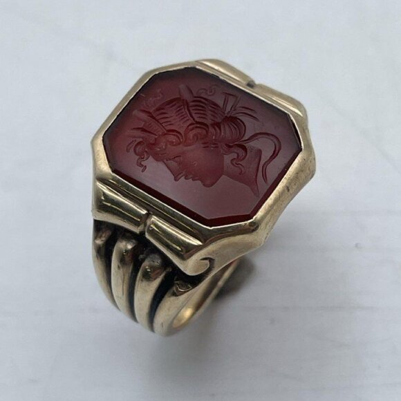 *SOLD* 9k Yellow Gold & Intaglio Carved Carnelian Ring Vintage Sz 8.5-8.75 - Picture 9 of 13